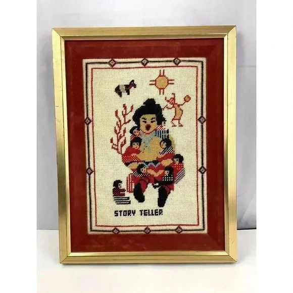 VTG 80's Storyteller Southwestern Crewel Embroidered Framed Wall Art 12"x 15.5" - Picture 1 of 11